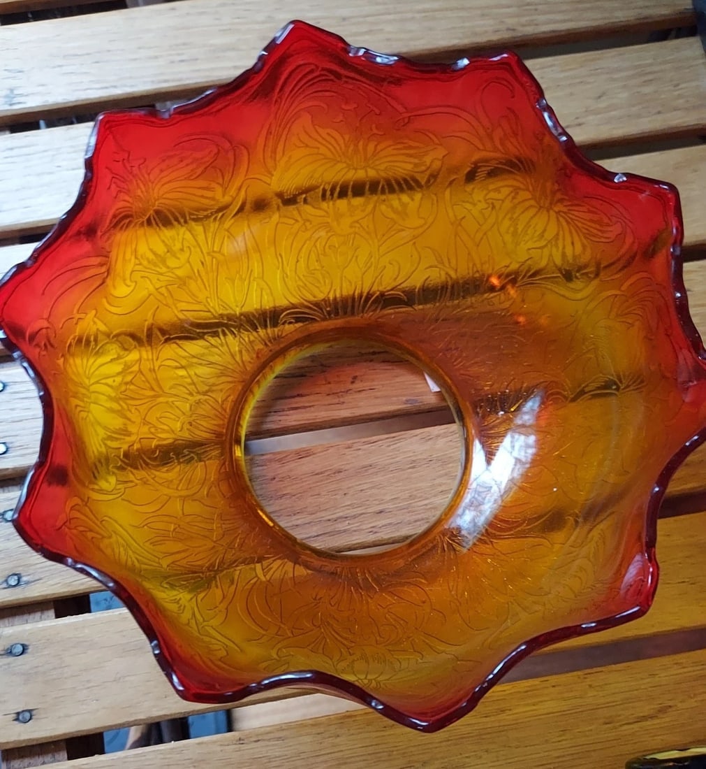 Antique Rare Amberina Color ? Shade Pressed Glass Rare 3 7/8" opening: Great looking piece in excellent condition. I have never seen this style of shade. Measures 3 7/8" at opening and 6" diameter . Shipping charges include insurance. Shipping: Domestic: Flat-rate of $25