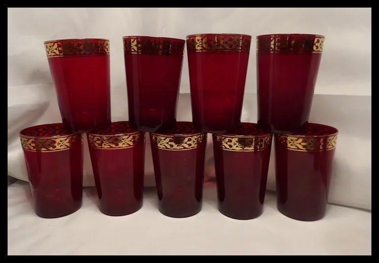 Vintage Pier 1 Holiday Table Ruby Red and Gold Glasses - 10