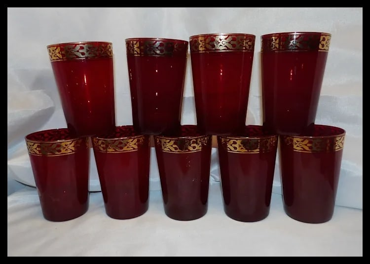 Vintage Pier 1 Holiday Table Ruby Red and Gold Glasses - 2