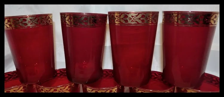 Vintage Pier 1 Holiday Table Ruby Red and Gold Glasses - 3