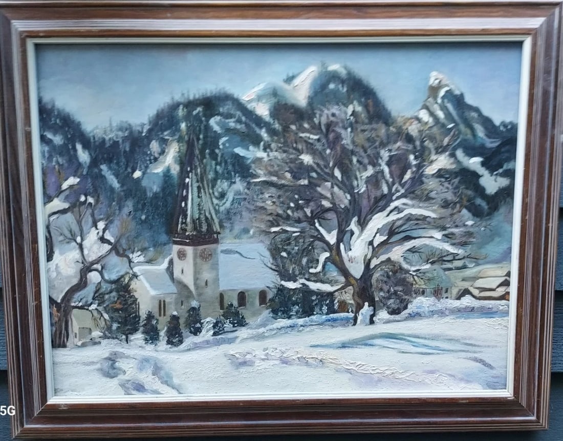 oil painting 1940 Winter Church Scene downhill signed JEAN (1 of 4)