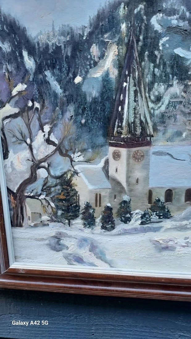 oil painting 1940 Winter Church Scene downhill signed JEAN - 2