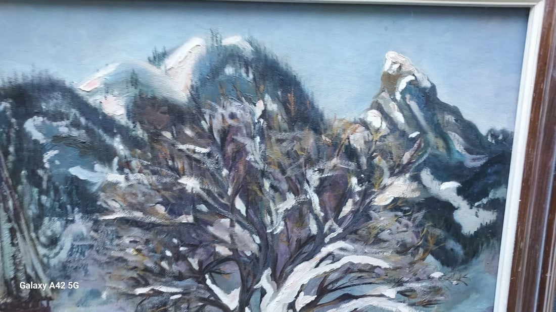 oil painting 1940 Winter Church Scene downhill signed JEAN - 3