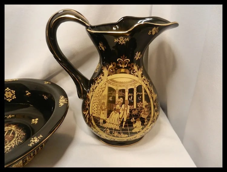 Victorian Limoges Style Hand Painted Black and 22kt Gold Porcelain Basin Bowl & Water Pitcher - 16