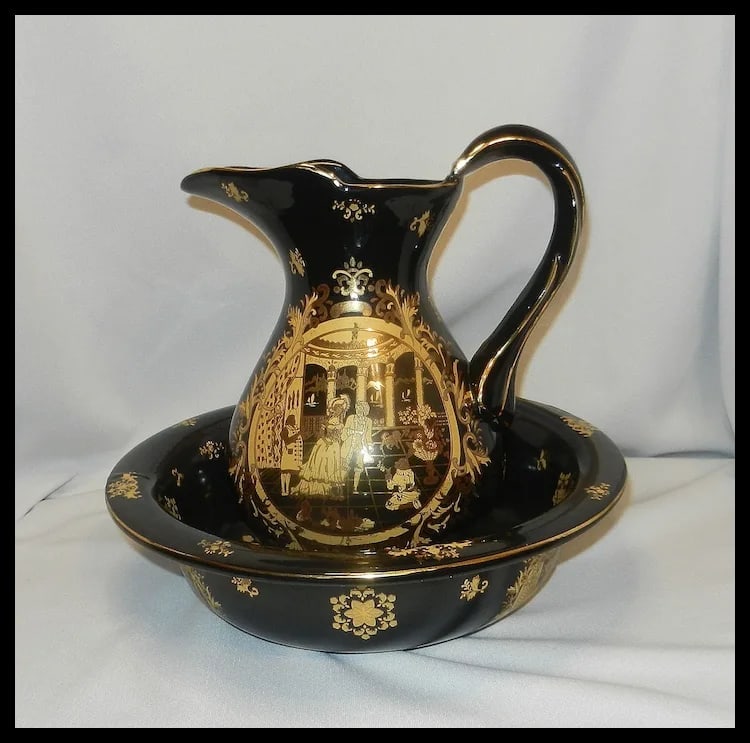 Victorian Limoges Style Hand Painted Black and 22kt Gold Porcelain Basin Bowl & Water Pitcher - 2