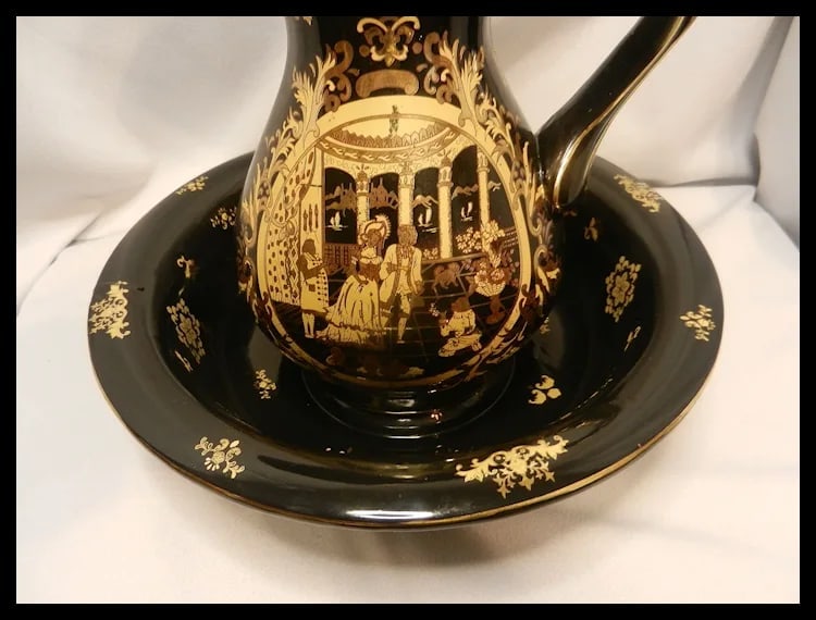Victorian Limoges Style Hand Painted Black and 22kt Gold Porcelain Basin Bowl & Water Pitcher - 3