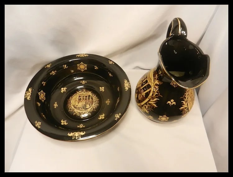 Victorian Limoges Style Hand Painted Black and 22kt Gold Porcelain Basin Bowl & Water Pitcher - 4