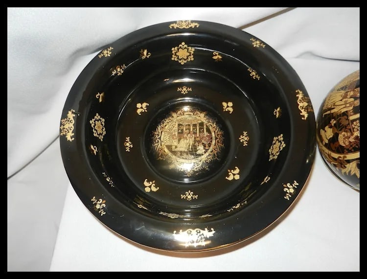 Victorian Limoges Style Hand Painted Black and 22kt Gold Porcelain Basin Bowl & Water Pitcher - 5