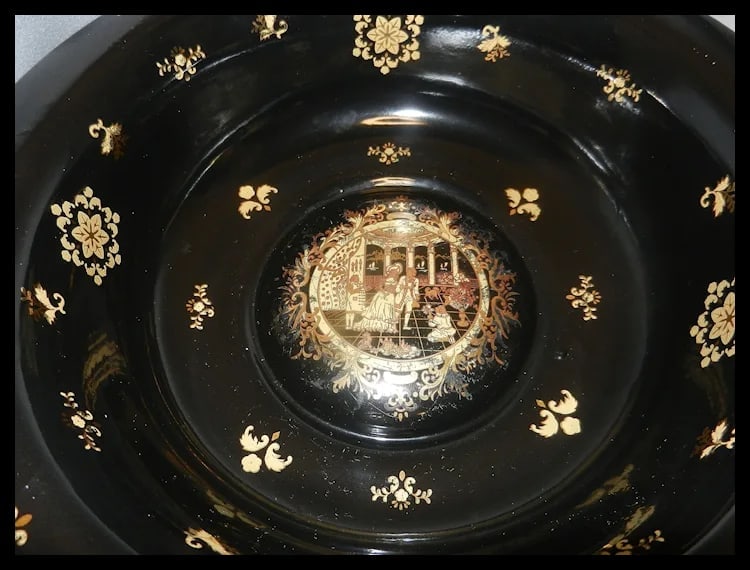 Victorian Limoges Style Hand Painted Black and 22kt Gold Porcelain Basin Bowl & Water Pitcher - 6