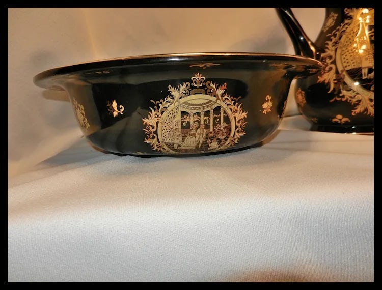 Victorian Limoges Style Hand Painted Black and 22kt Gold Porcelain Basin Bowl & Water Pitcher - 7
