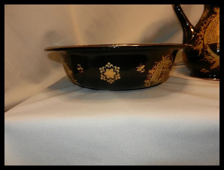 Victorian Limoges Style Hand Painted Black and 22kt Gold Porcelain Basin Bowl & Water Pitcher - 8