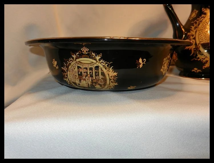 Victorian Limoges Style Hand Painted Black and 22kt Gold Porcelain Basin Bowl & Water Pitcher - 9