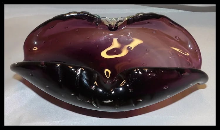 Murano Mid Century Deep Purple Art Glass Controlled Bubble Cigar Ashtray - 3