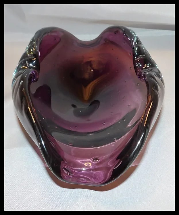 Murano Mid Century Deep Purple Art Glass Controlled Bubble Cigar Ashtray - 4