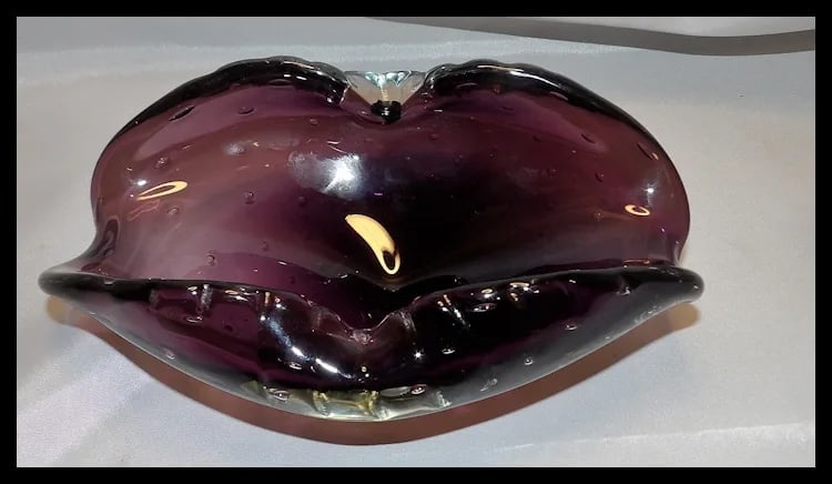 Murano Mid Century Deep Purple Art Glass Controlled Bubble Cigar Ashtray - 5
