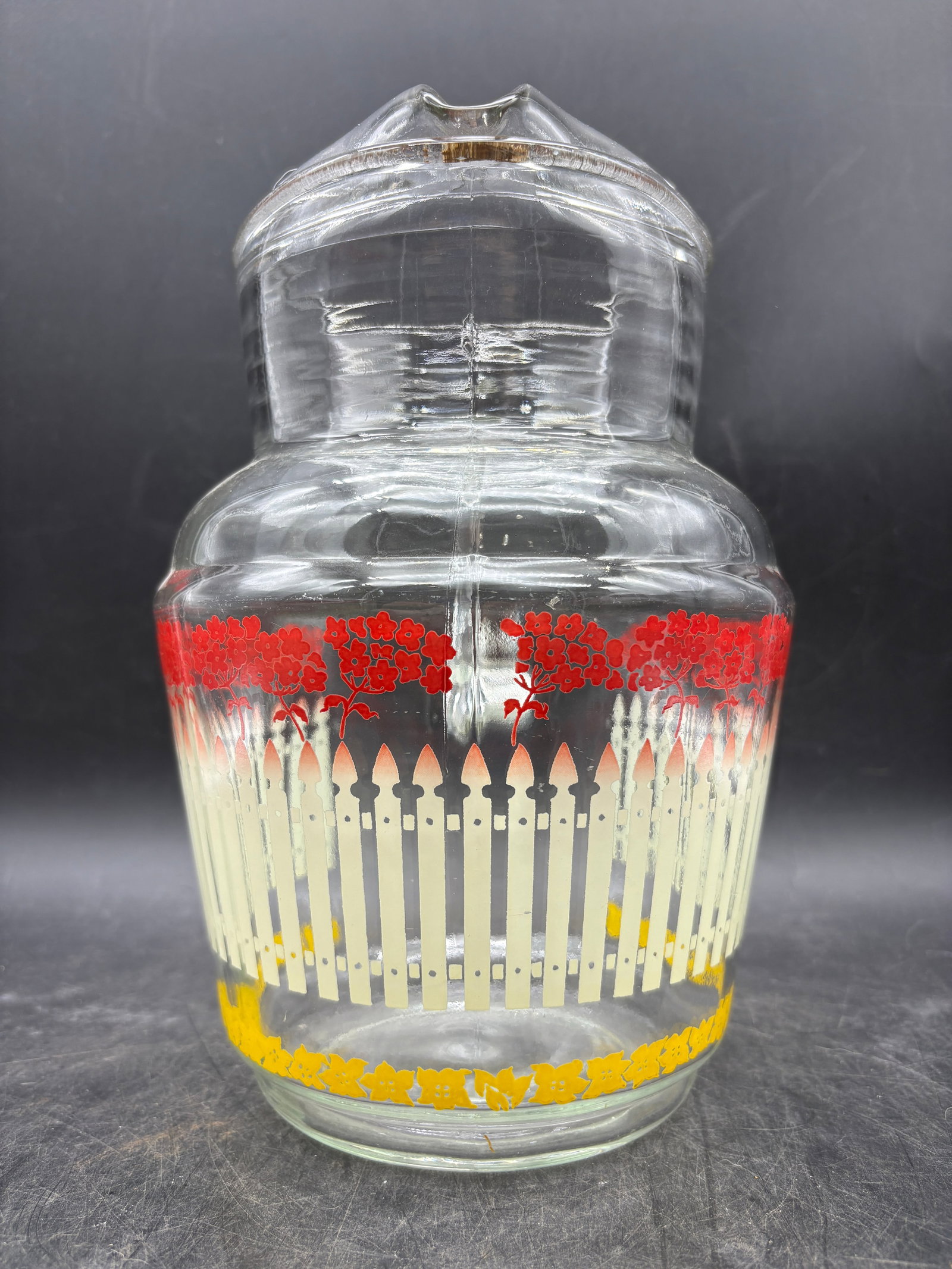 1950's Glass Pitcher Flowers Picket Fence and Set of 5 Glasses Juice Lemonade - 3
