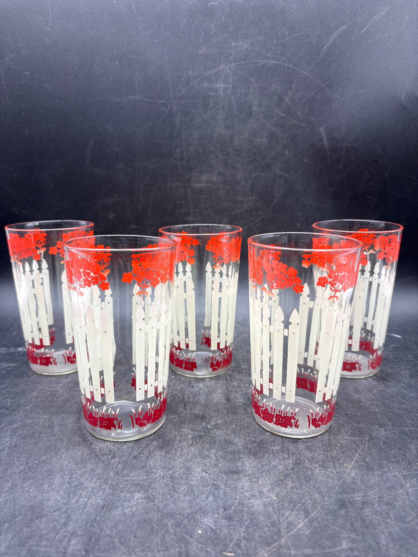 1950's Glass Pitcher Flowers Picket Fence and Set of 5 Glasses Juice Lemonade - 7