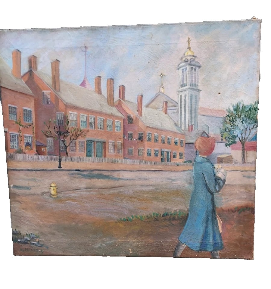 oil painting 19th Century Student Walking Across Campus R. Mentzer