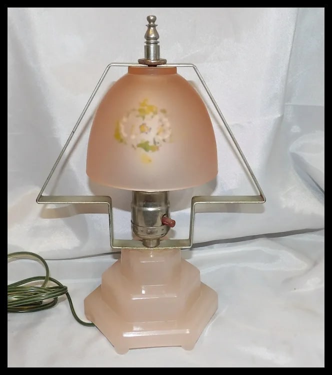 This Houzer Pink Satin Glass Hand Painted Art Deco Table Lamp -1930’s-40’s - 2