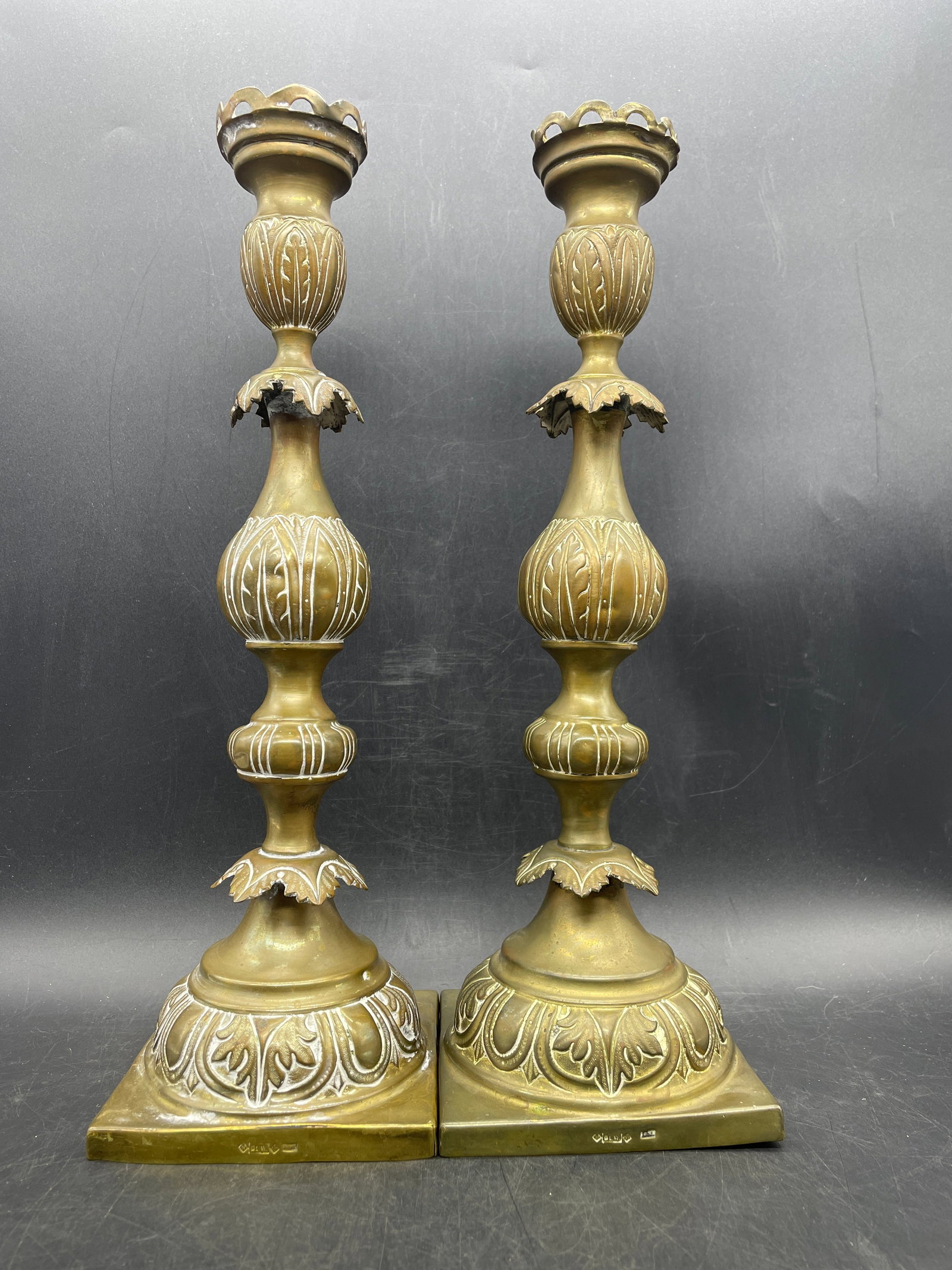 Pair Antique Ornate Brass Candlesticks with Makers Mark - 4