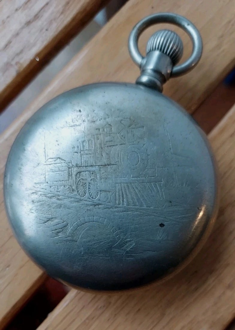 Large Pocket Watch Seth Thomas Train Image On Back Parts - 2