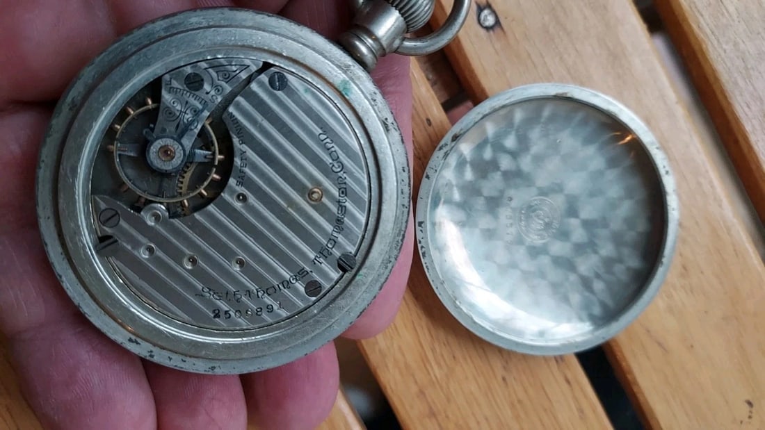 Large Pocket Watch Seth Thomas Train Image On Back Parts - 3