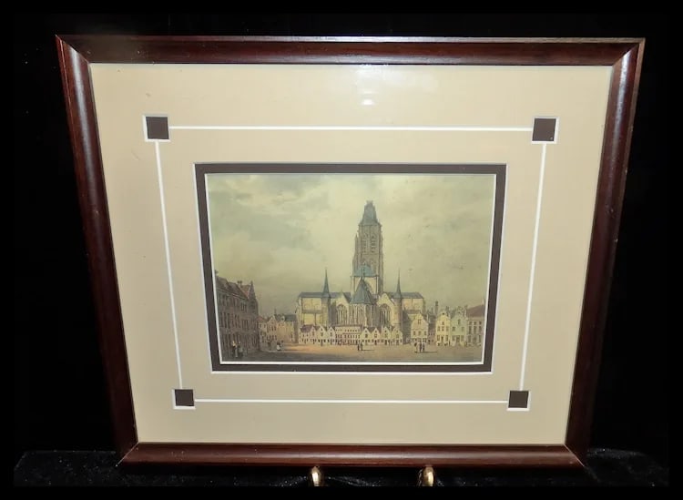 Antique Color Lithograph of Saint Walburga Church- Oudenaarde Belgium - 2