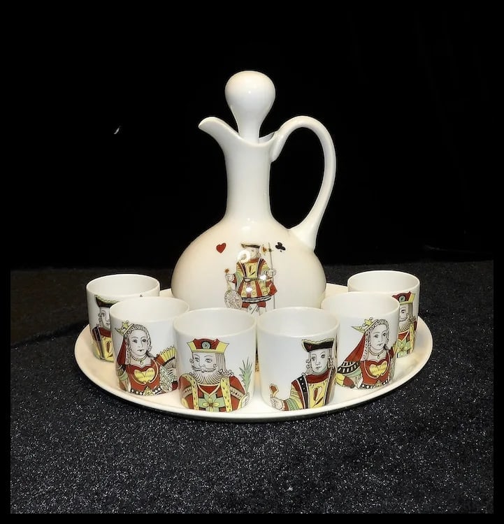 Vintage Porcelaine de Paris Neiman Marcus Limoges France 9 piece Liquor Decanter with King, Queen, - 15