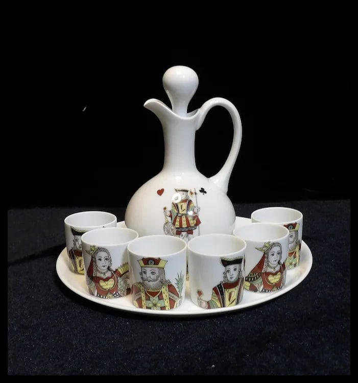 Vintage Porcelaine de Paris Neiman Marcus Limoges France 9 piece Liquor Decanter with King, Queen, - 2