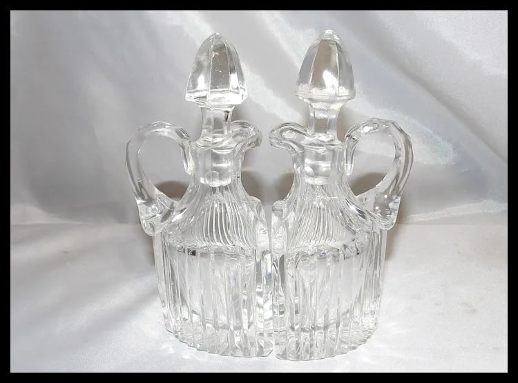 RARE Antique Pair of Flint Glass Flat Sided Cruets - 2