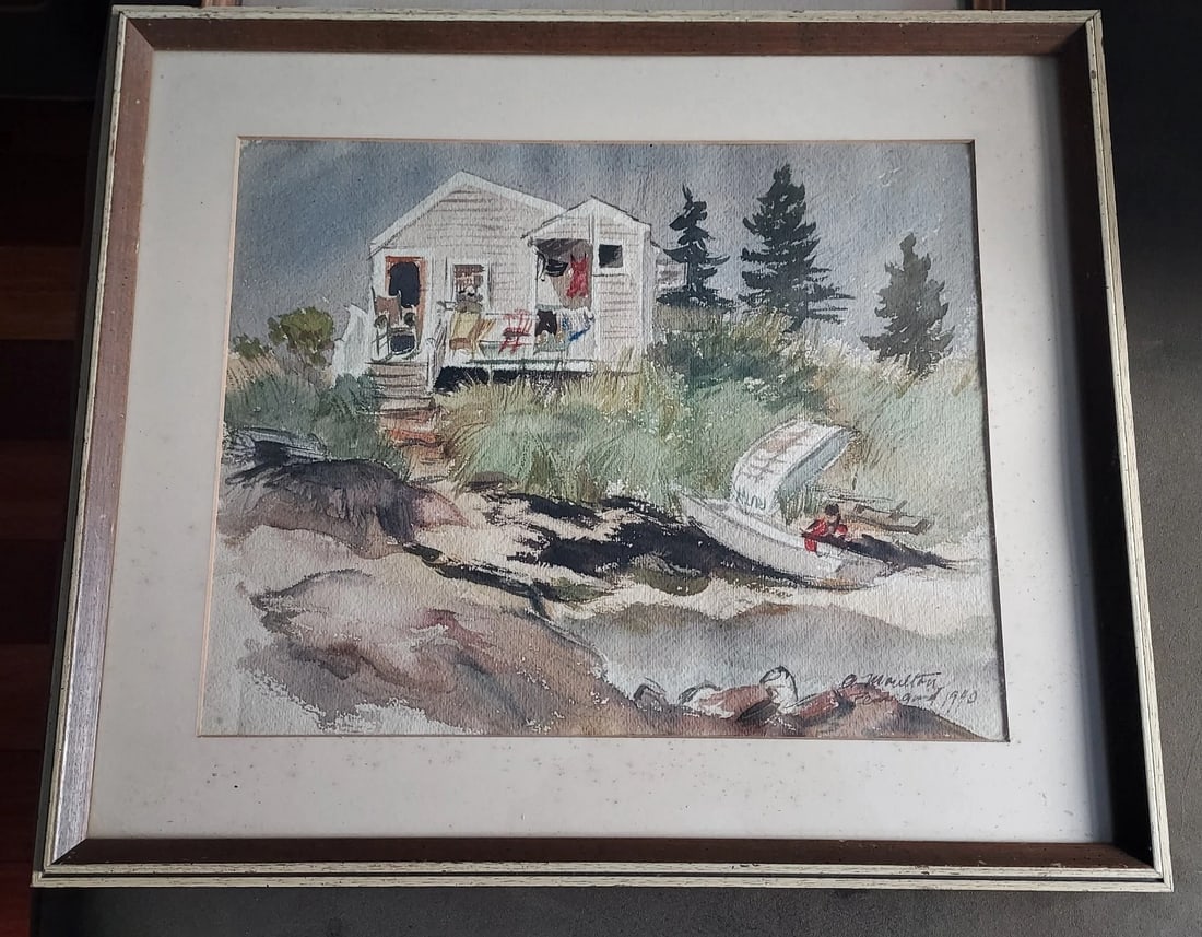 Ocean coastal cottage boat watercolor signed Moulton New England 1940: Purchased pair of these in Vermont. One was fishing boat and other is this cottage on coast or edge of lake. Measures 16 x 19" overall and 11 x 14" watercolor. Shipping charges include insurance. Ship