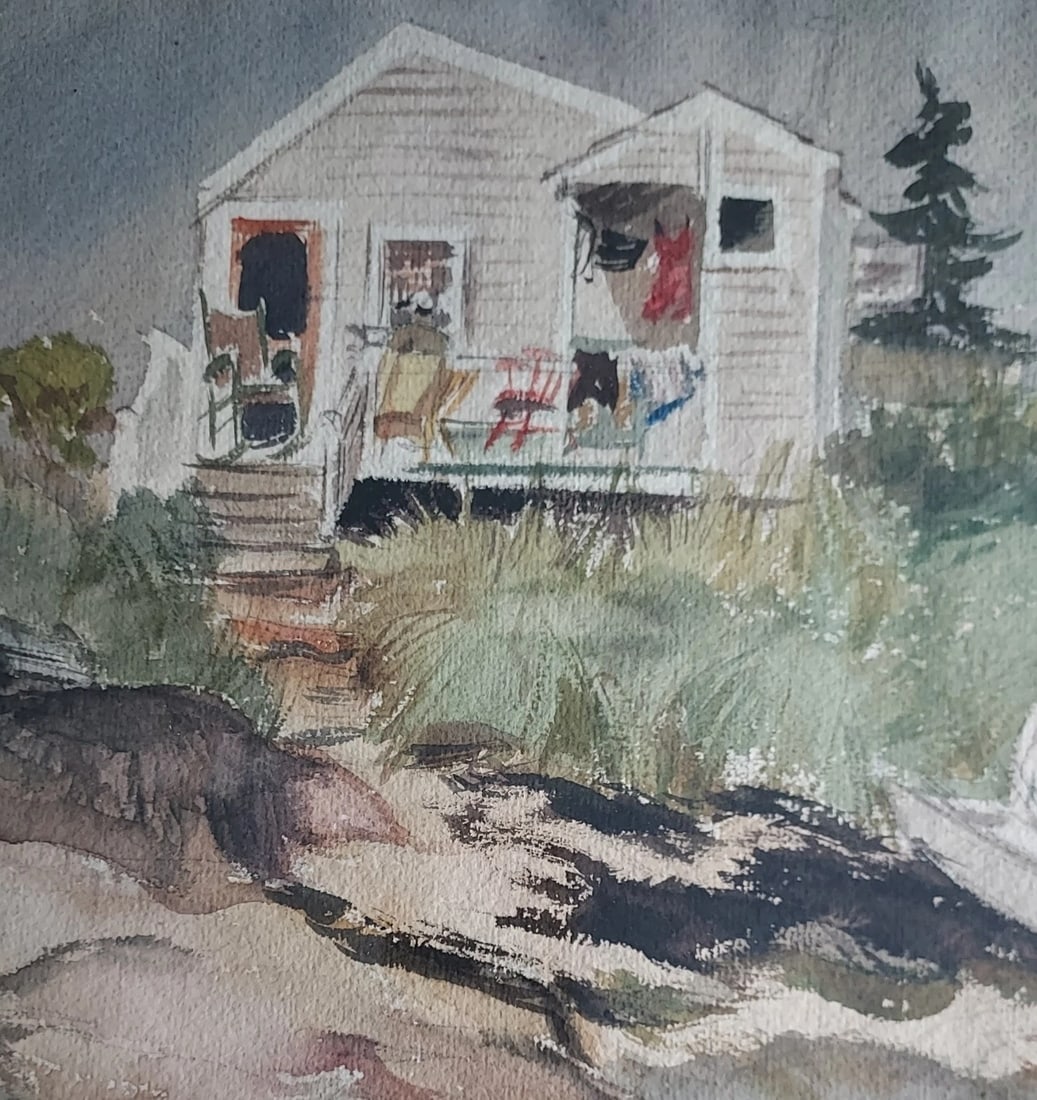 Ocean coastal cottage boat watercolor signed Moulton New England 1940 - 2