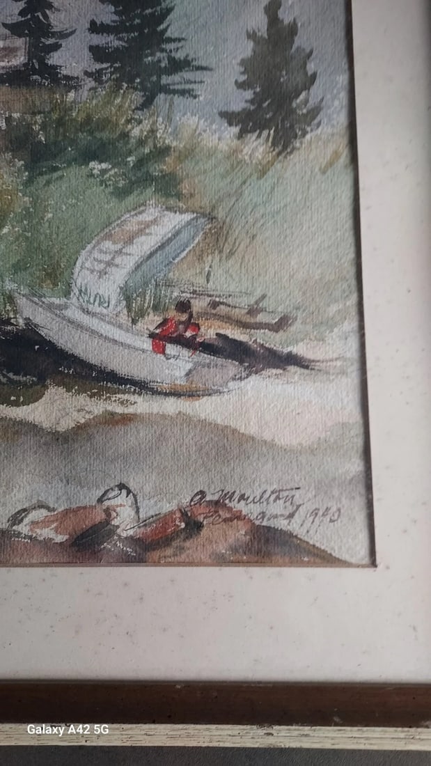 Ocean coastal cottage boat watercolor signed Moulton New England 1940 - 3