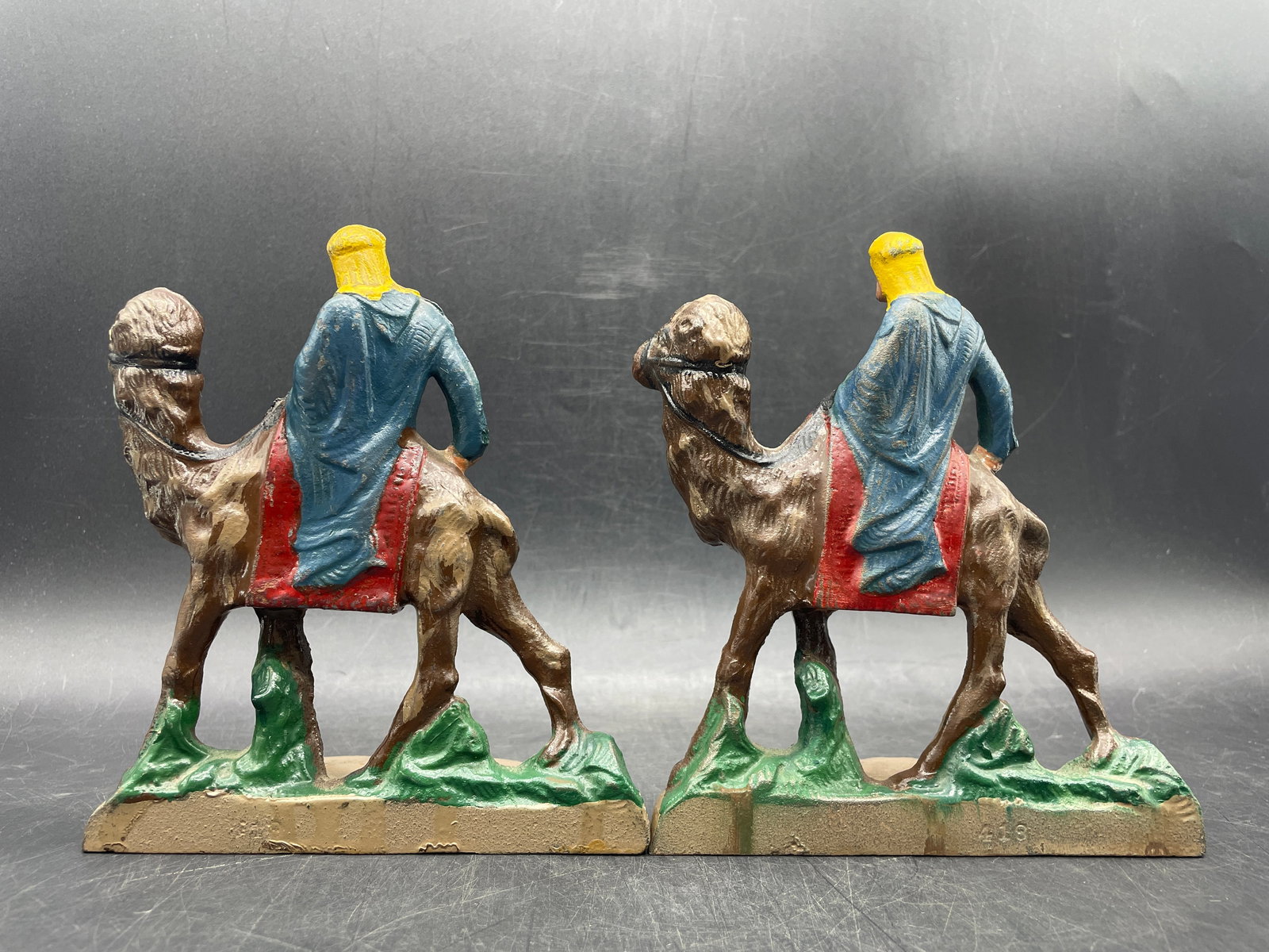 Antique CAST IRON ARABIAN MAN RIDING CAMEL BOOKENDS #418 Hubley Bedouin - 4