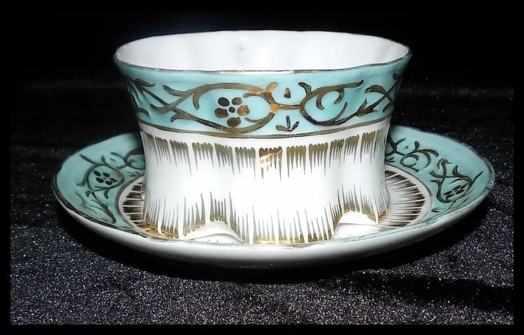 Antique Gold Gilded White & Blue Porcelain Cup and Saucer - 4