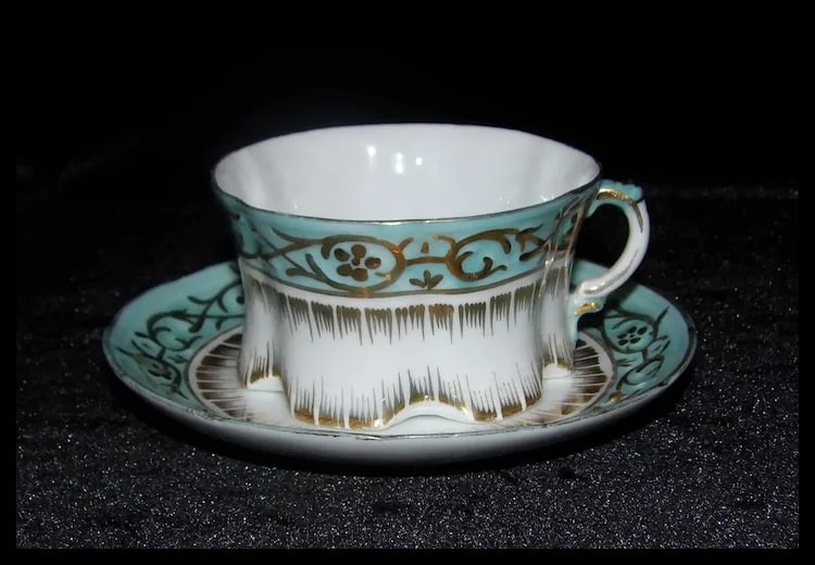 Antique Gold Gilded White & Blue Porcelain Cup and Saucer - 8