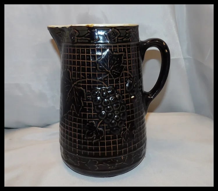 Antique Salt Glaze Stoneware Pitcher with Waffle Pattern and Raised Grape Motif - 10