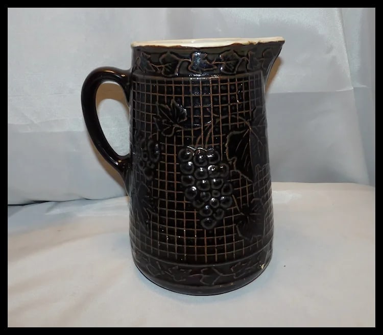 Antique Salt Glaze Stoneware Pitcher with Waffle Pattern and Raised Grape Motif - 2