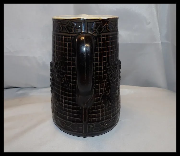 Antique Salt Glaze Stoneware Pitcher with Waffle Pattern and Raised Grape Motif - 3
