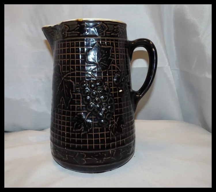 Antique Salt Glaze Stoneware Pitcher with Waffle Pattern and Raised Grape Motif - 4