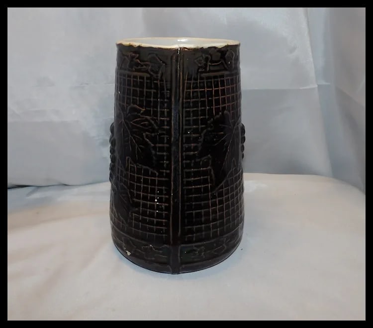 Antique Salt Glaze Stoneware Pitcher with Waffle Pattern and Raised Grape Motif - 5