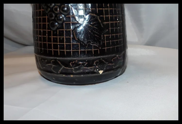 Antique Salt Glaze Stoneware Pitcher with Waffle Pattern and Raised Grape Motif - 6