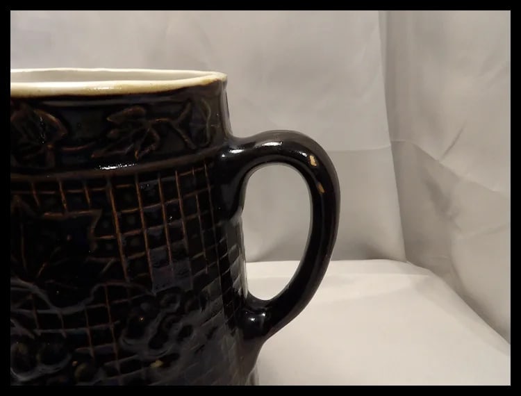 Antique Salt Glaze Stoneware Pitcher with Waffle Pattern and Raised Grape Motif - 7