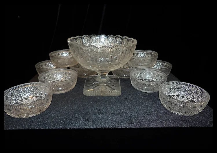 Bohemian Queen Lace Hand Cut Crystal 8” Round Compote 4 ½” Square Base and American - 2