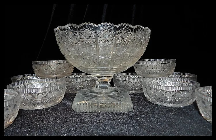 Bohemian Queen Lace Hand Cut Crystal 8” Round Compote 4 ½” Square Base and American - 3