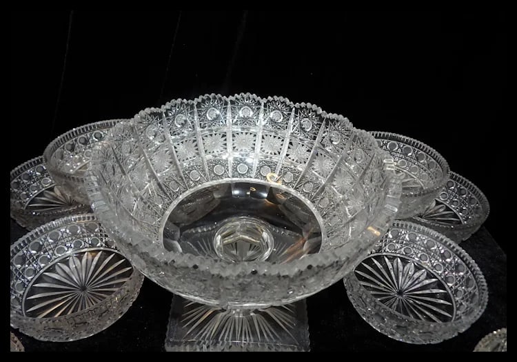 Bohemian Queen Lace Hand Cut Crystal 8” Round Compote 4 ½” Square Base and American - 4