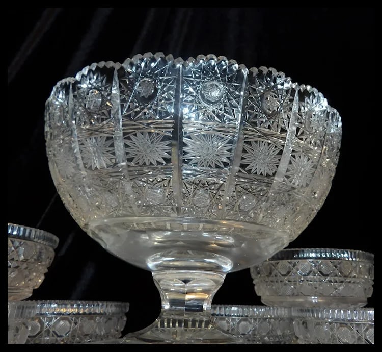 Bohemian Queen Lace Hand Cut Crystal 8” Round Compote 4 ½” Square Base and American - 6