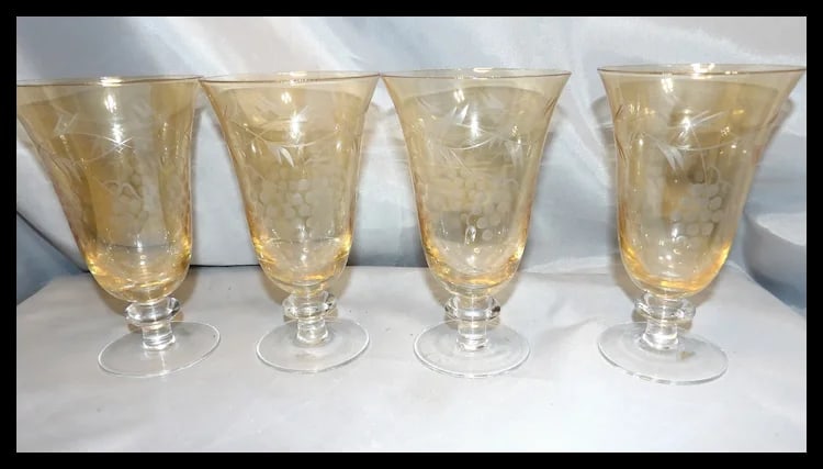 Amber Intaglio Depression Water Glasses- Grape Pattern - 2
