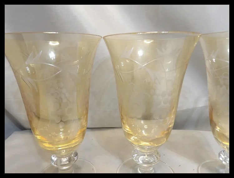Amber Intaglio Depression Water Glasses- Grape Pattern - 6