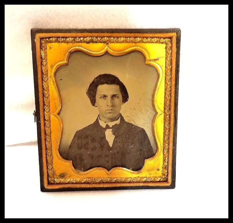Ambrotype Photo with Gold Gilt Metal and Hand Tooled Leather Frame - 3